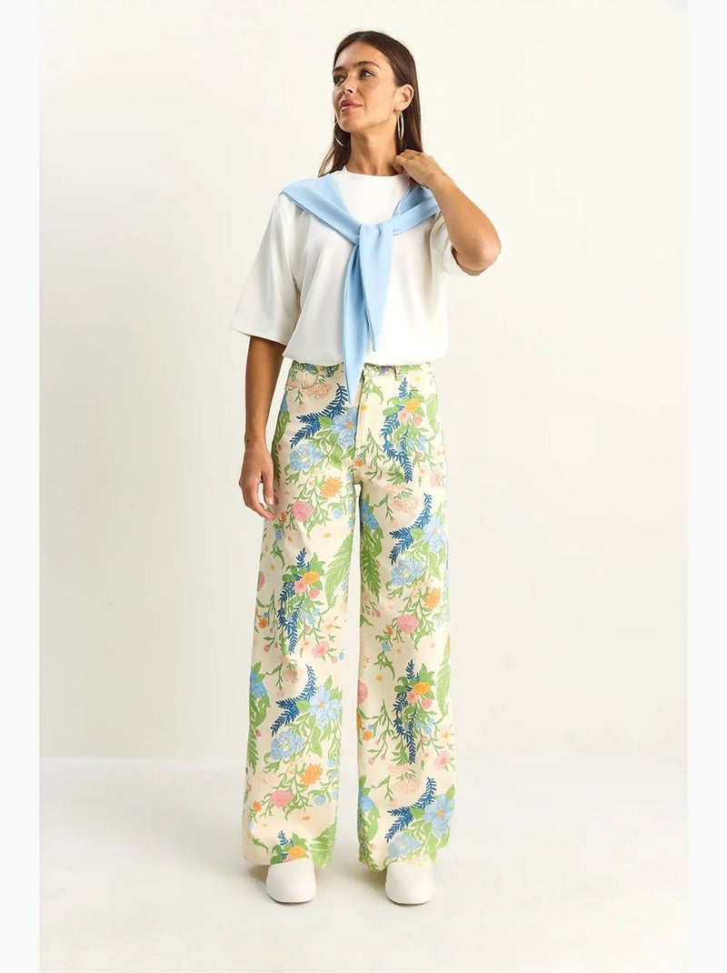 Jean droit taille haute imprimé cachemire lucci Crème - Kiabi