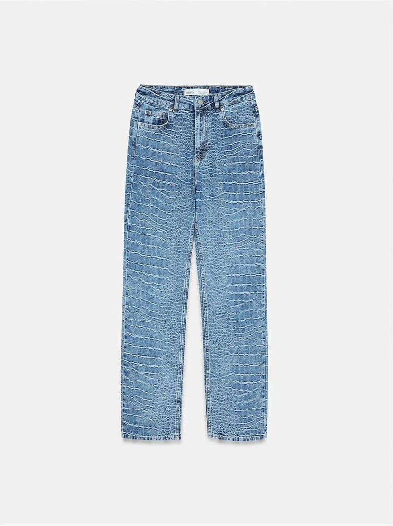 Jean droit taille haute texturé dilvin Bleu saphir - Kiabi
