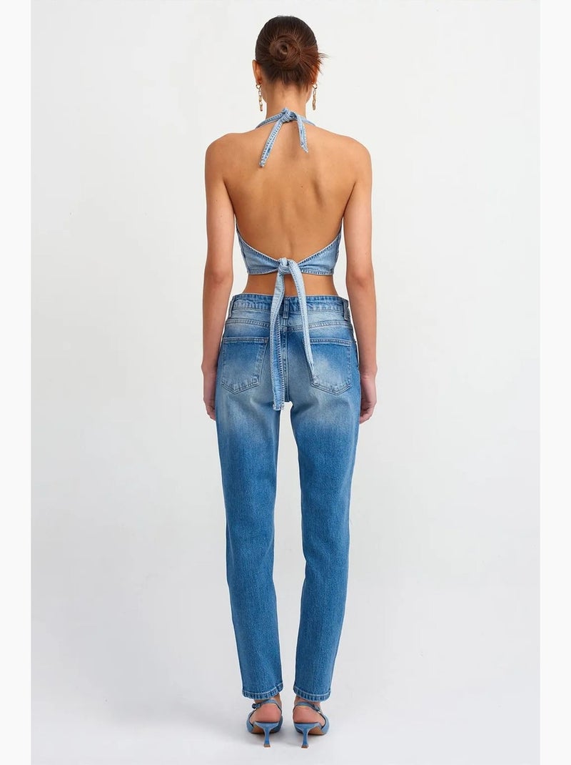 Jean droit taille mi-haute dilvin Bleu saphir - Kiabi