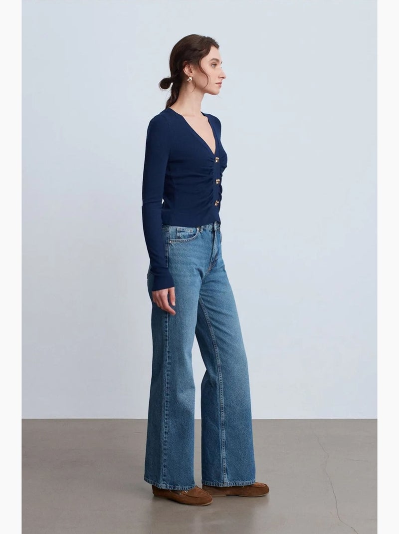 Jean en coton à taille haute et jambe large dilvin Bleu saphir - Kiabi