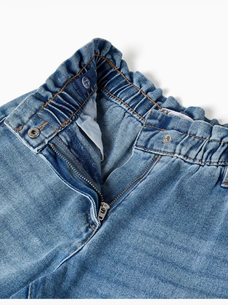 Jean en coton avec taille paperbag et ourlets repliés Bleu Bleu - Kiabi