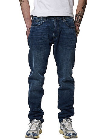 Jean en coton bleu uni avec une coupe droite et des passants à la taille