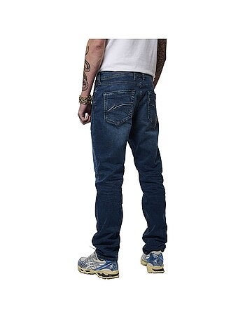 Jean en coton bleu uni avec une coupe droite et des passants à la taille