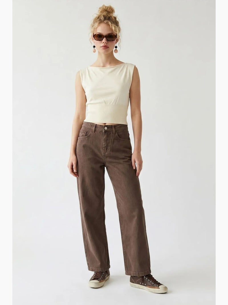 Jean en coton taille haute à jambe large mixray Marron - Kiabi