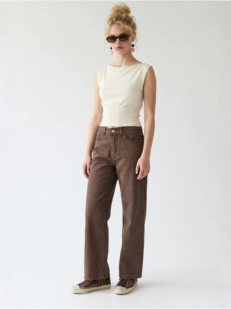 Jean en coton taille haute à jambe large mixray Marron - Kiabi