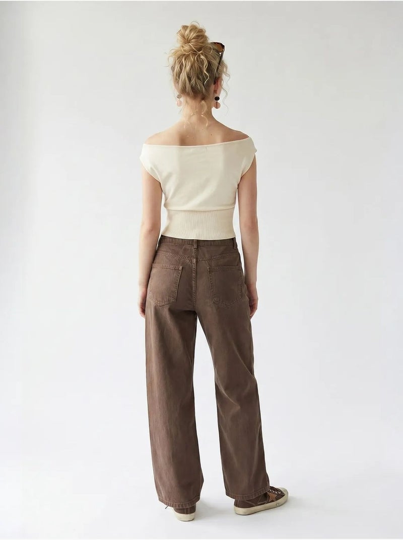 Jean en coton taille haute à jambe large mixray Marron - Kiabi