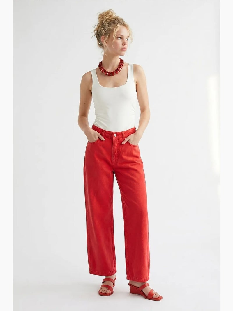 Jean en coton taille haute à jambe large mixray Rouge - Kiabi