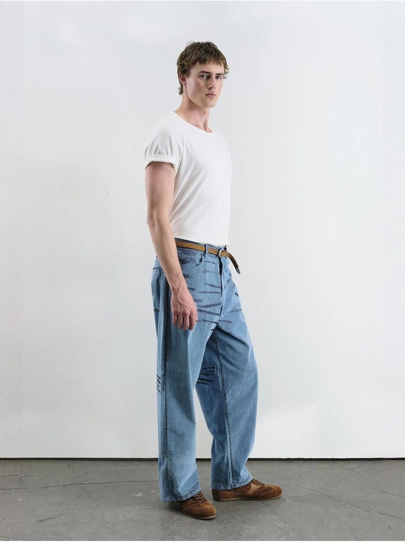 Jean en denim à jambe large abstraite giesto Bleu clair - Kiabi