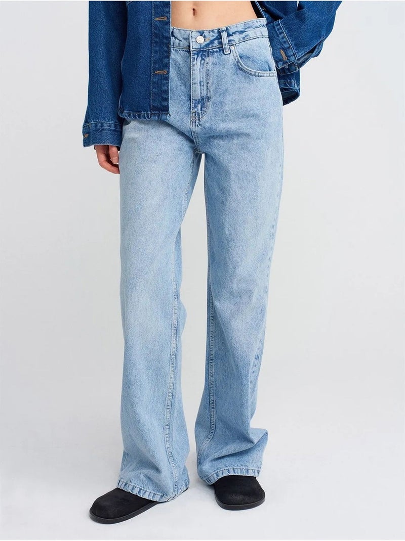 Jean en denim à taille haute et jambe large dilvin Bleu clair - Kiabi