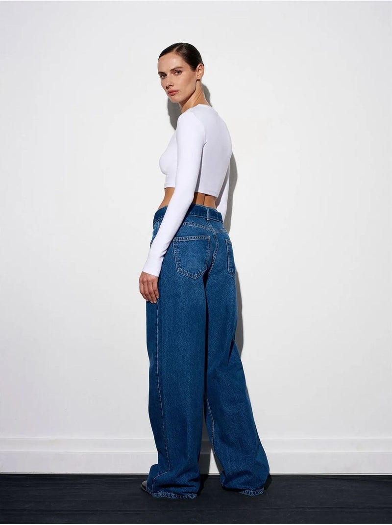 Jean En Denim Coton À Taille Haute Et Jambe Large Bleu roi - Kiabi