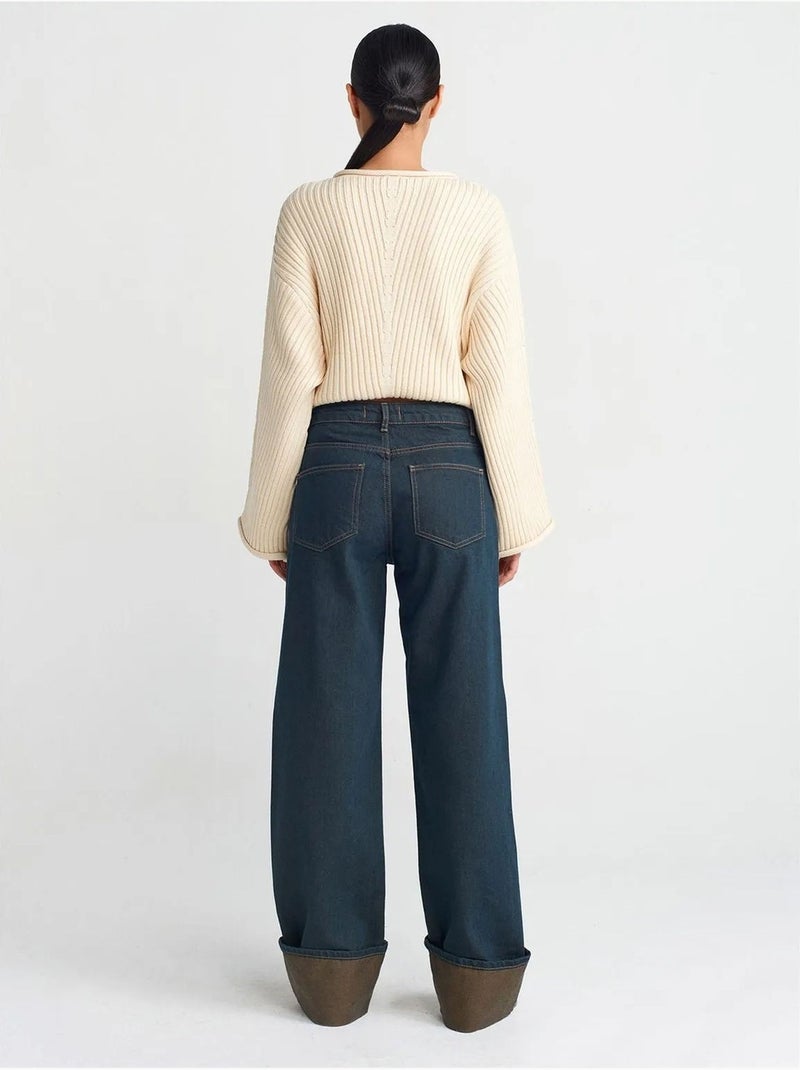 Jean en denim coton à taille mi-haute et jambe large dilvin Bleu outremer - Kiabi