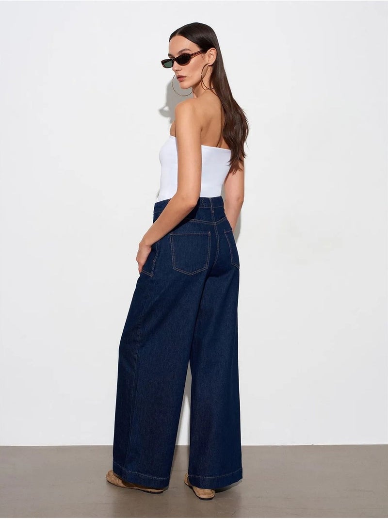 Jean En Denim De Coton À Taille Haute Et Jambe Large Bleu outremer - Kiabi
