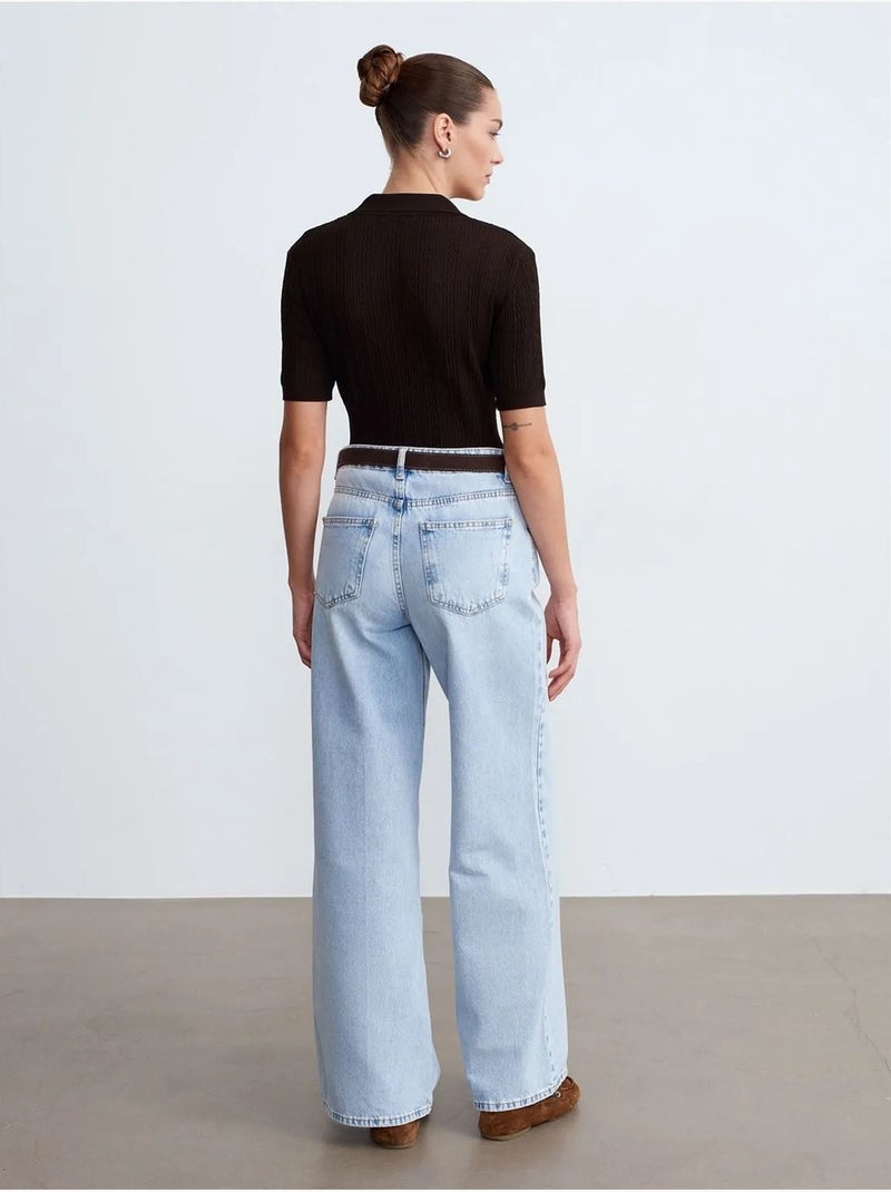 Jean en denim de coton à taille haute et jambe large dilvin Bleu clair - Kiabi