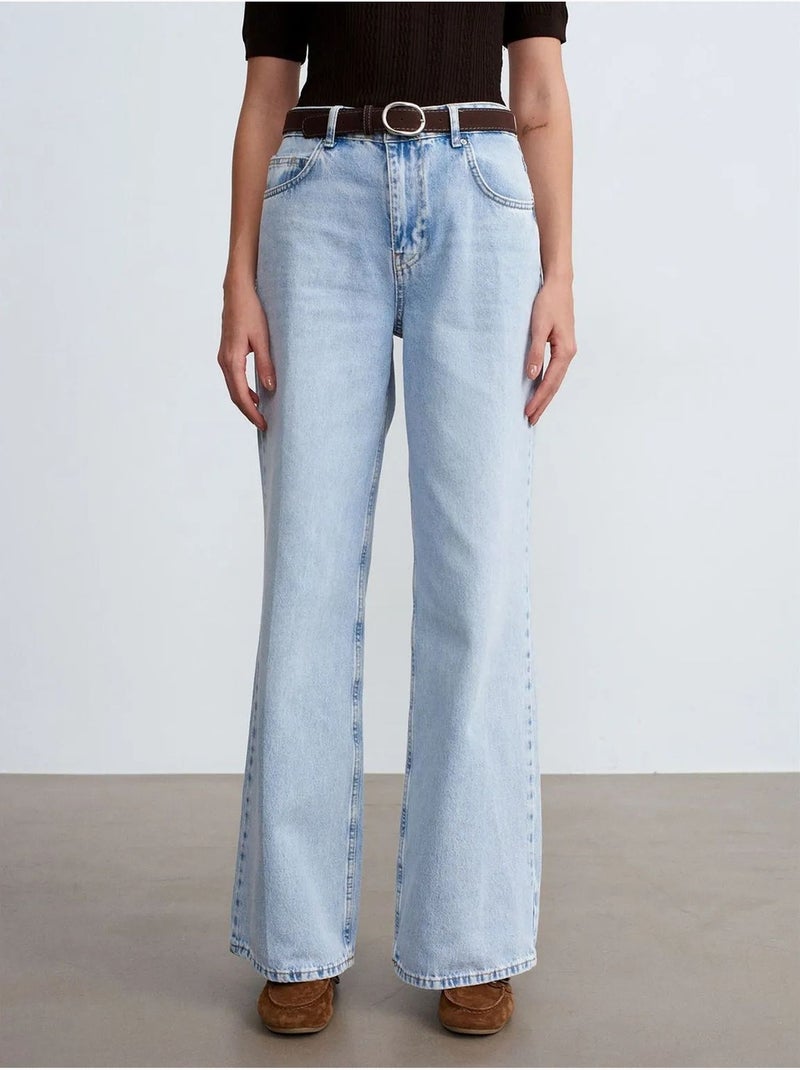 Jean en denim de coton à taille haute et jambe large dilvin Bleu clair - Kiabi