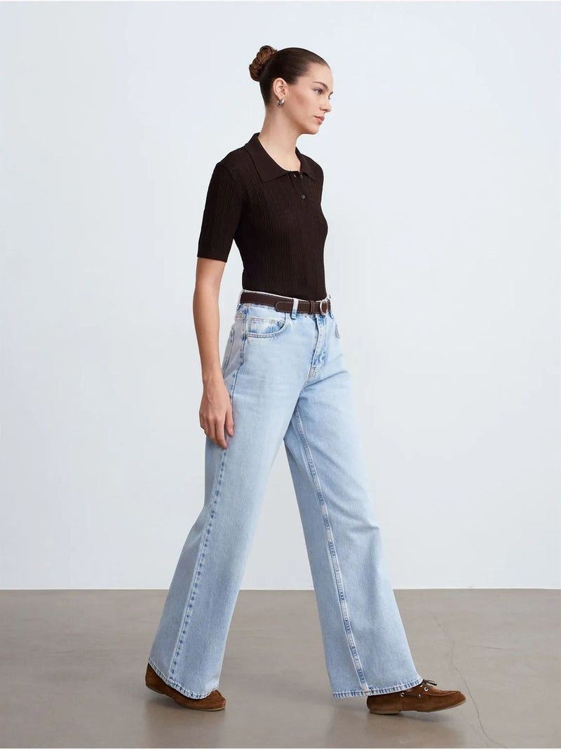 Jean en denim de coton à taille haute et jambe large dilvin Bleu clair - Kiabi