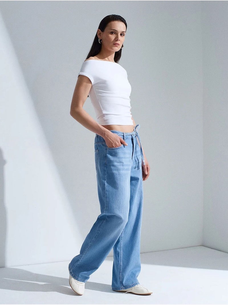 Jean en denim de coton à taille haute et jambe large dilvin Bleu saphir - Kiabi