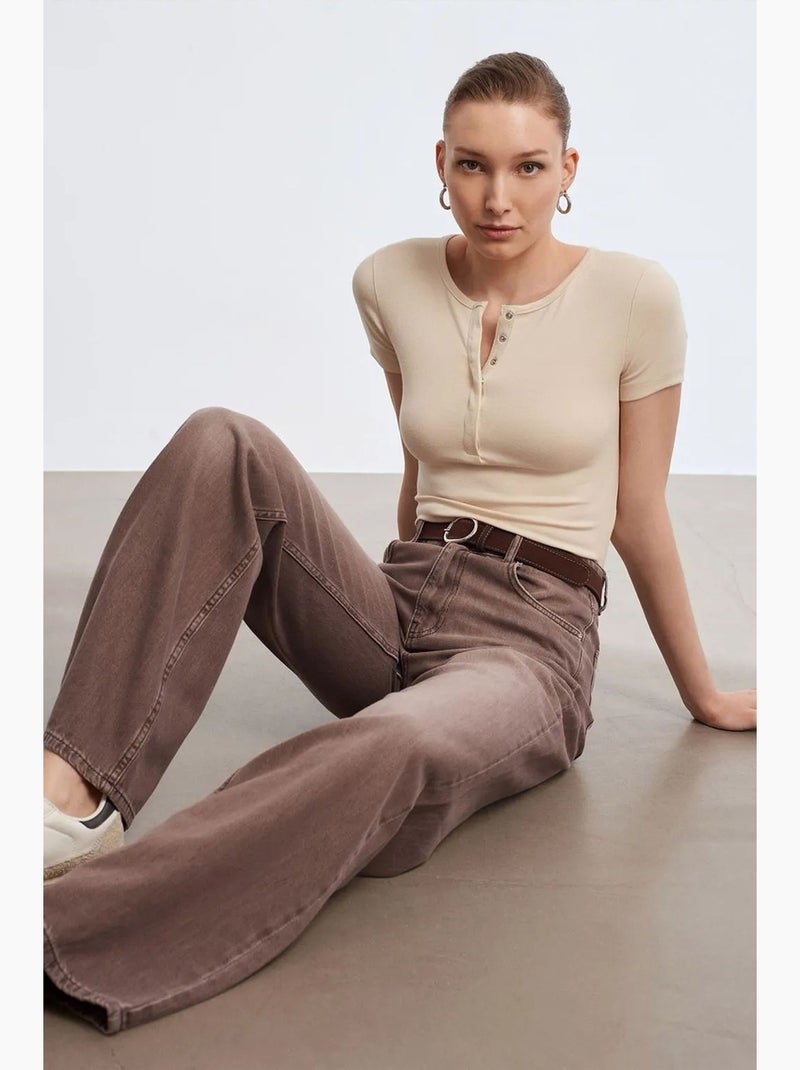 Jean en denim de coton à taille haute et jambe large dilvin Marron - Kiabi