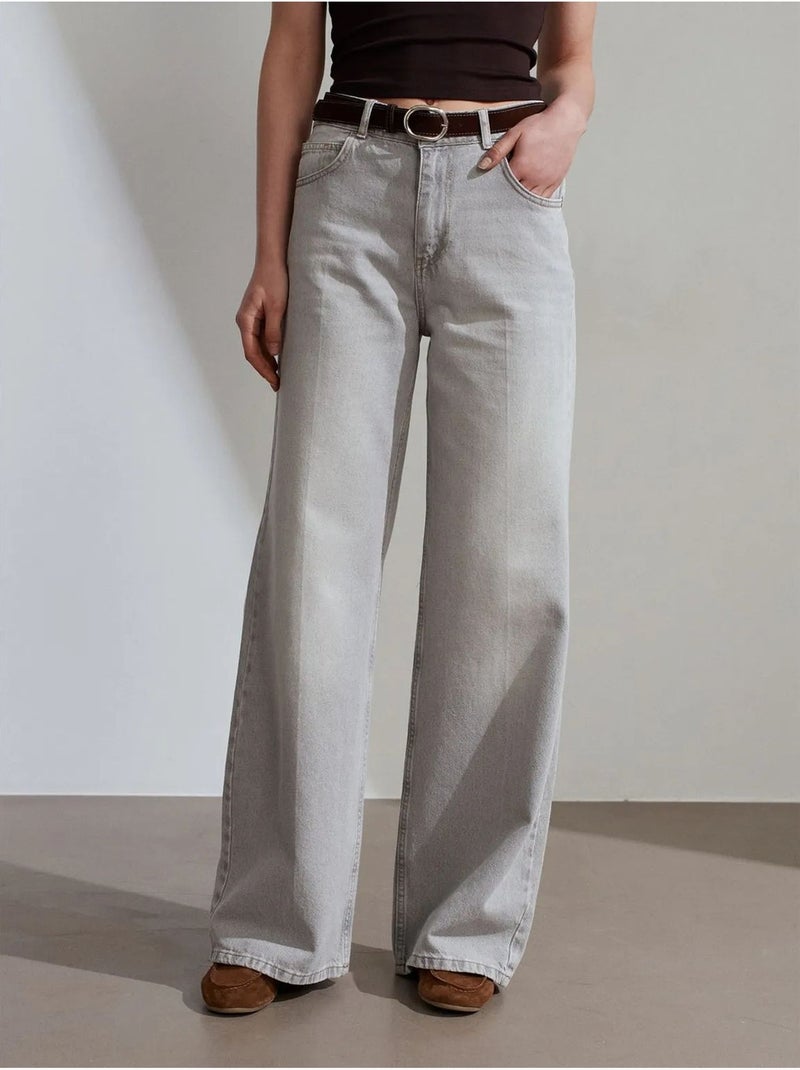 Jean En Denim De Coton À Taille Haute Et Jambe Large Gris clair - Kiabi