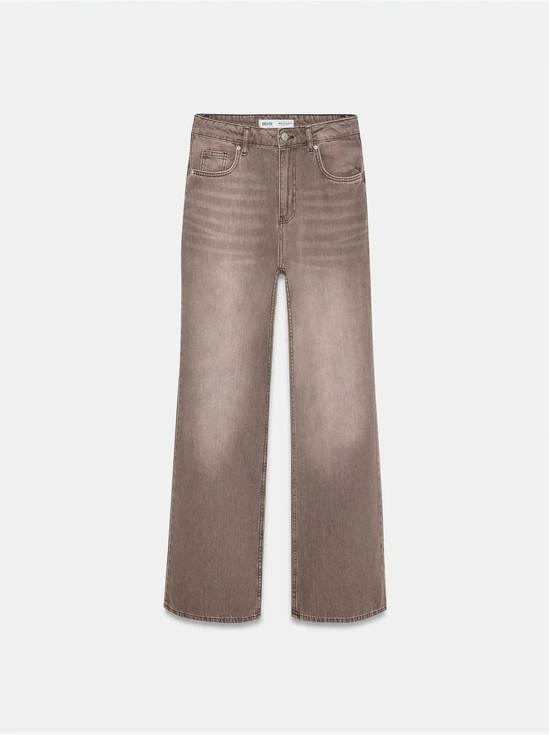 Jean En Denim De Coton À Taille Haute Et Jambe Large Marron - Kiabi