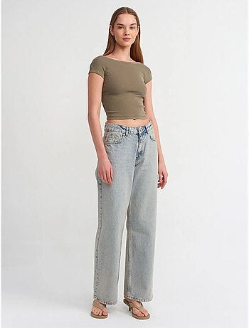 Jean en denim de coton à taille mi-haute et jambe large dilvin