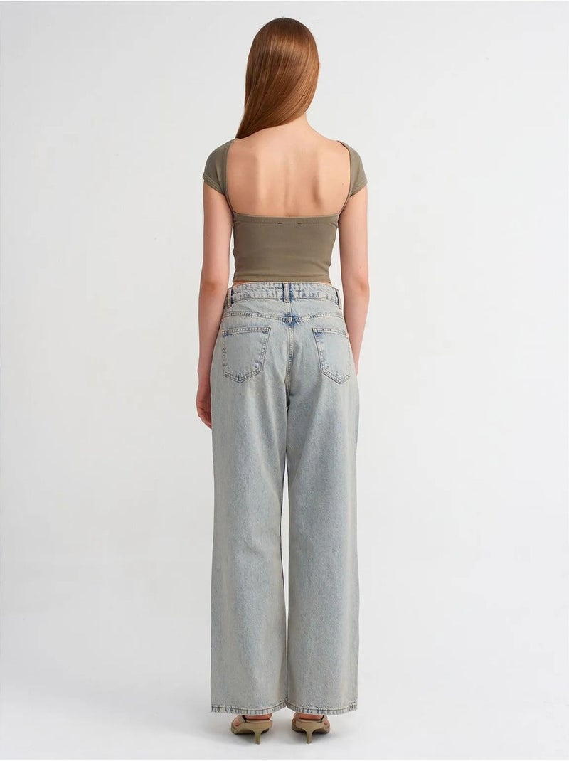 Jean en denim de coton à taille mi-haute et jambe large dilvin Bleu clair - Kiabi