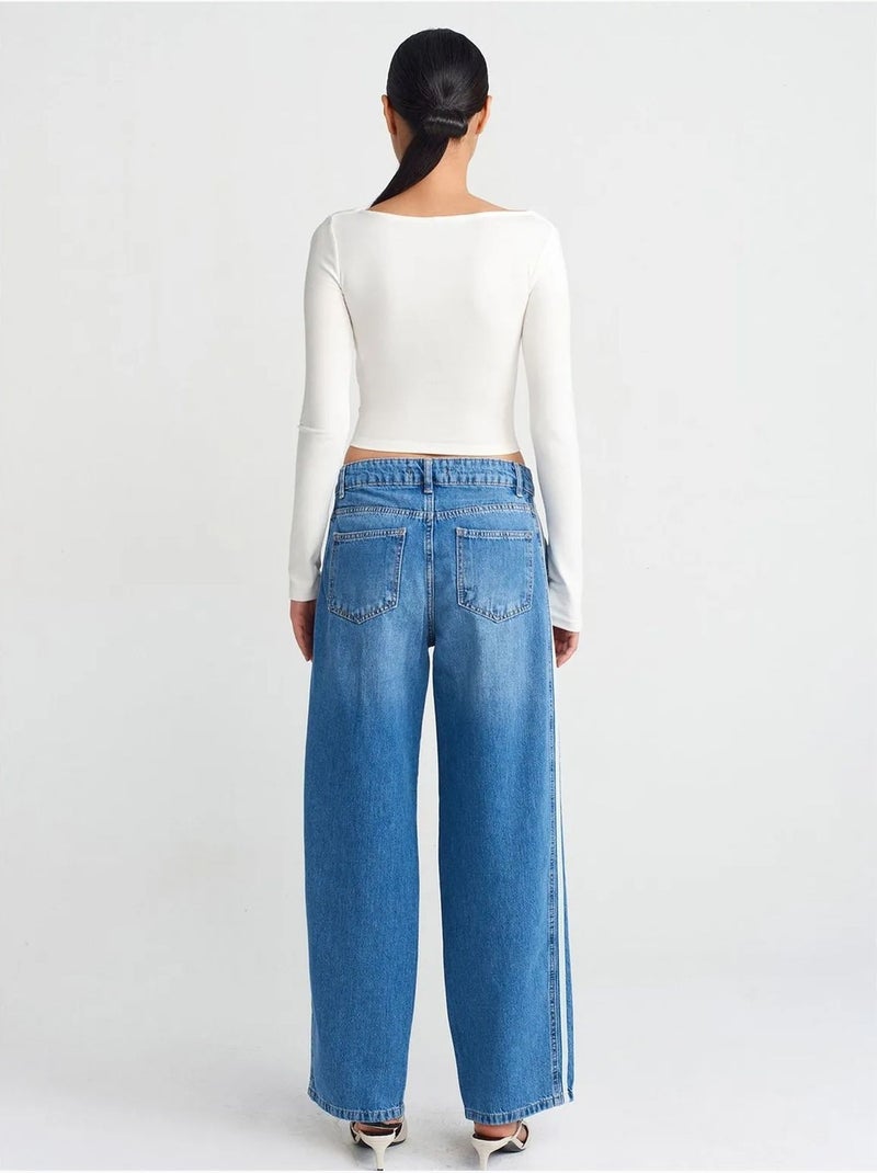 Jean en denim rayé à taille haute et jambe large dilvin Bleu saphir - Kiabi