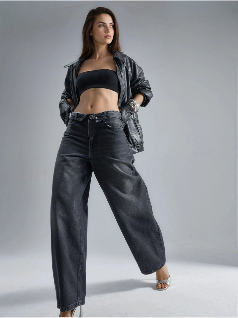 Jean en denim taille basse à jambes larges Gris foncé - Kiabi