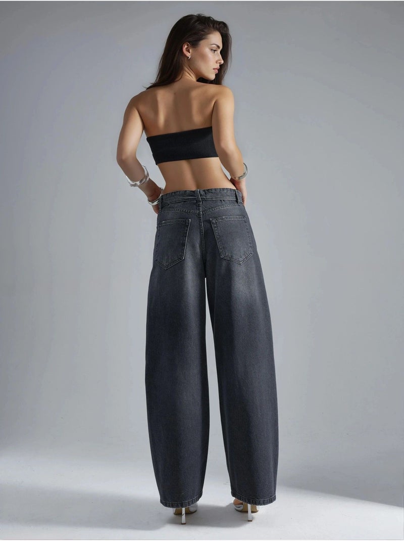 Jean en denim taille basse à jambes larges Gris foncé - Kiabi