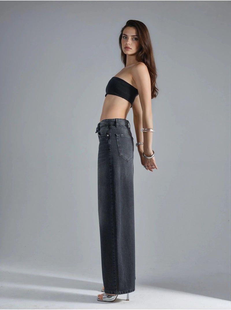 Jean en denim taille basse à jambes larges Gris foncé - Kiabi