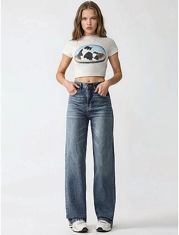 Jean en denim taille haute à jambe droite
