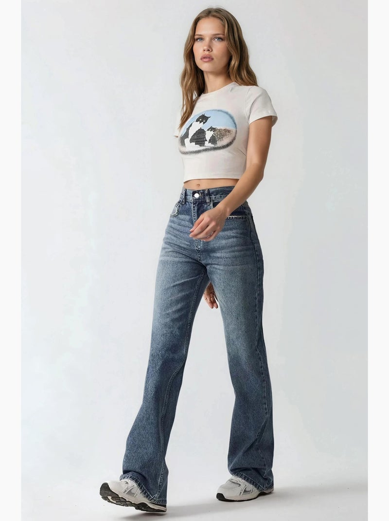 Jean en denim taille haute à jambe droite hiccup Bleu saphir - Kiabi
