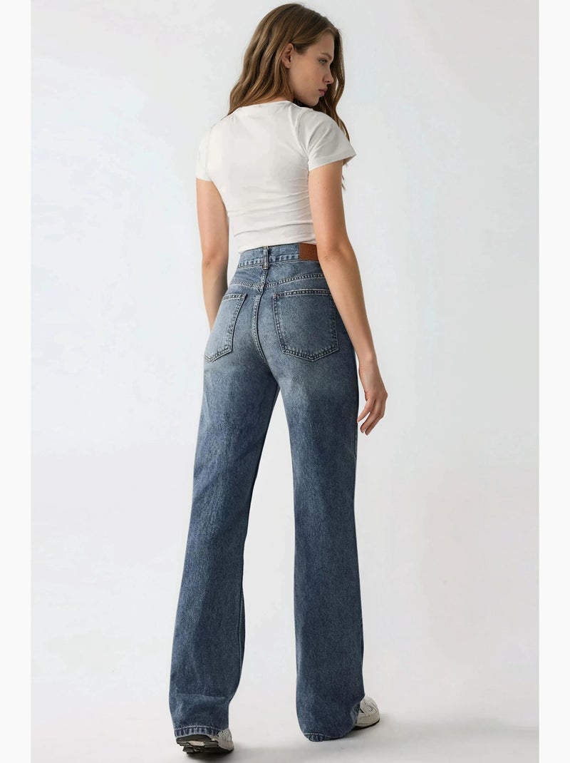 Jean en denim taille haute à jambe droite hiccup Bleu saphir - Kiabi