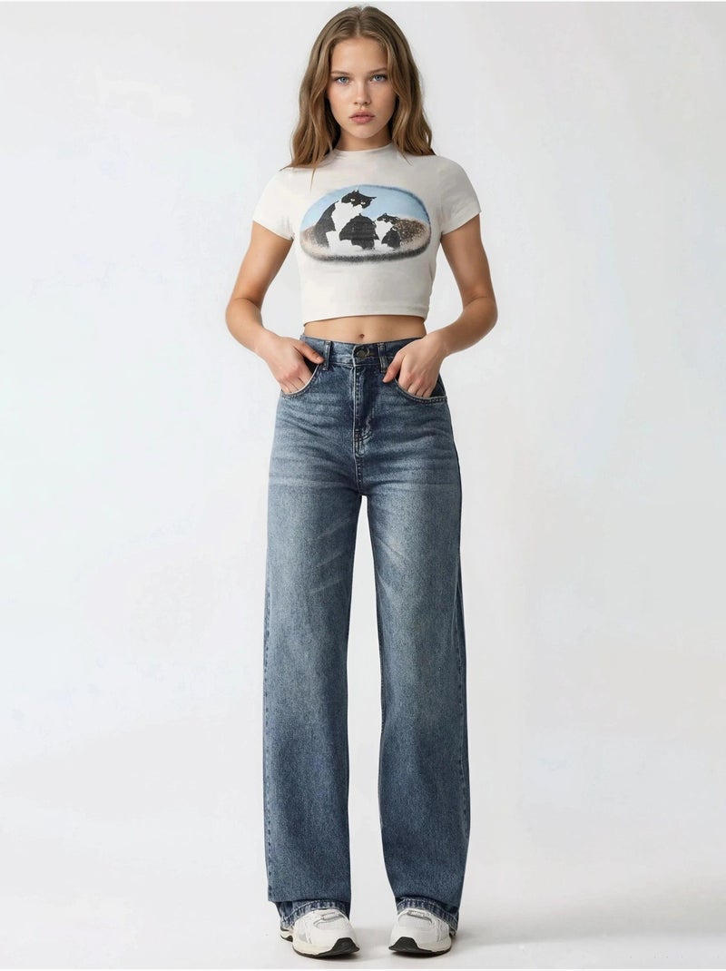 Jean en denim taille haute à jambe droite hiccup Bleu saphir - Kiabi