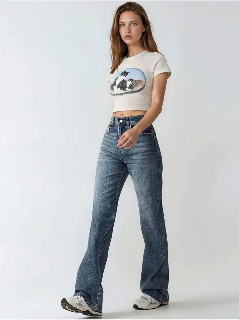 Jean en denim taille haute à jambes droites Bleu saphir - Kiabi
