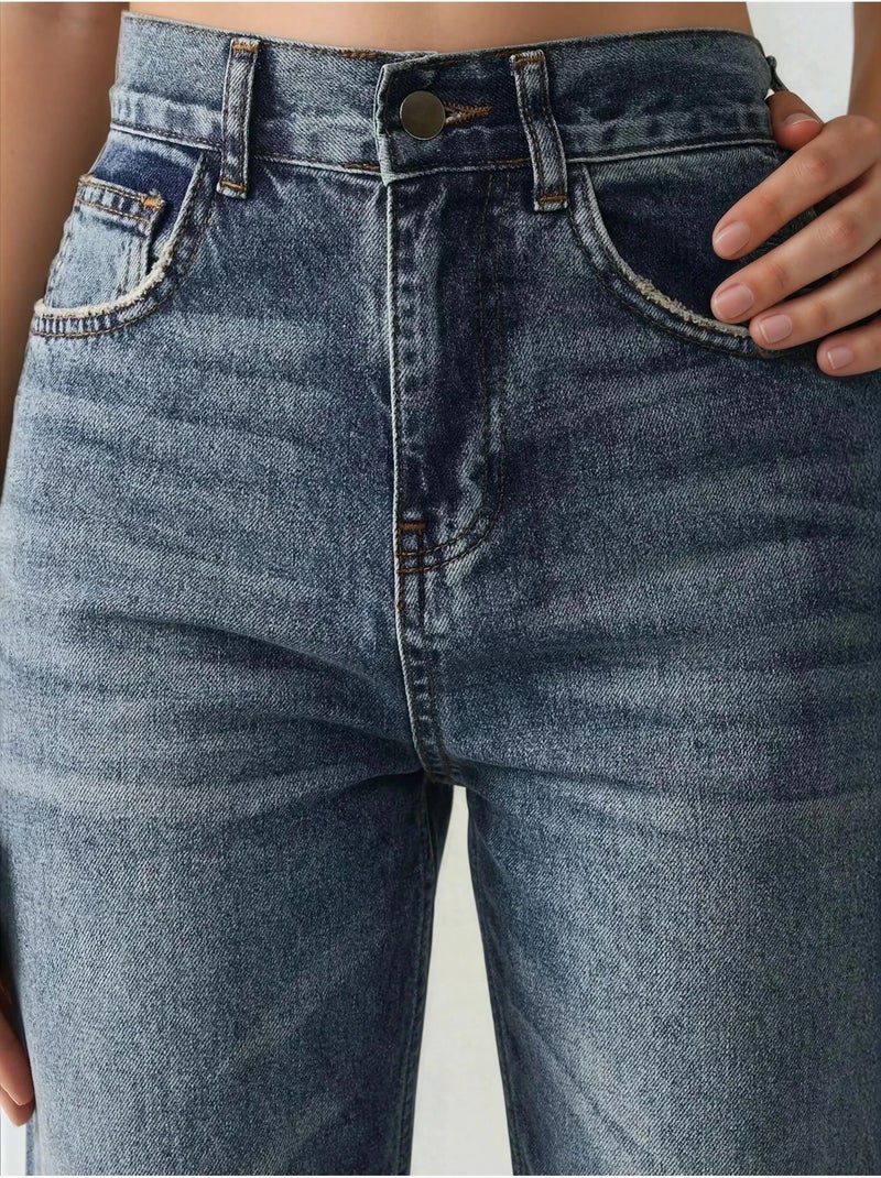Jean en denim taille haute à jambes droites Bleu saphir - Kiabi