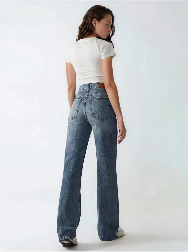 Jean en denim taille haute à jambes droites Bleu saphir - Kiabi