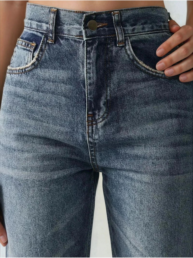 Jean en denim taille haute à jambes droites Bleu saphir - Kiabi