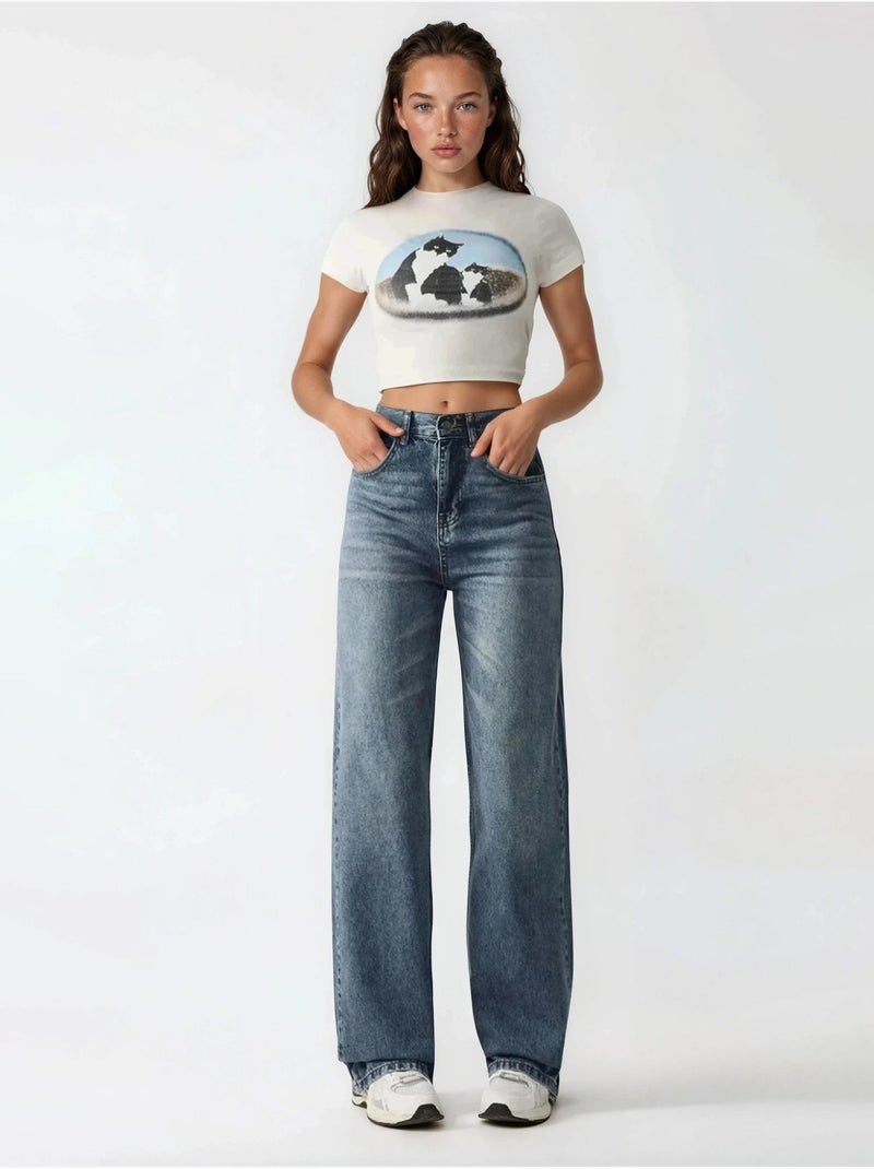 Jean en denim taille haute à jambes droites Bleu saphir - Kiabi
