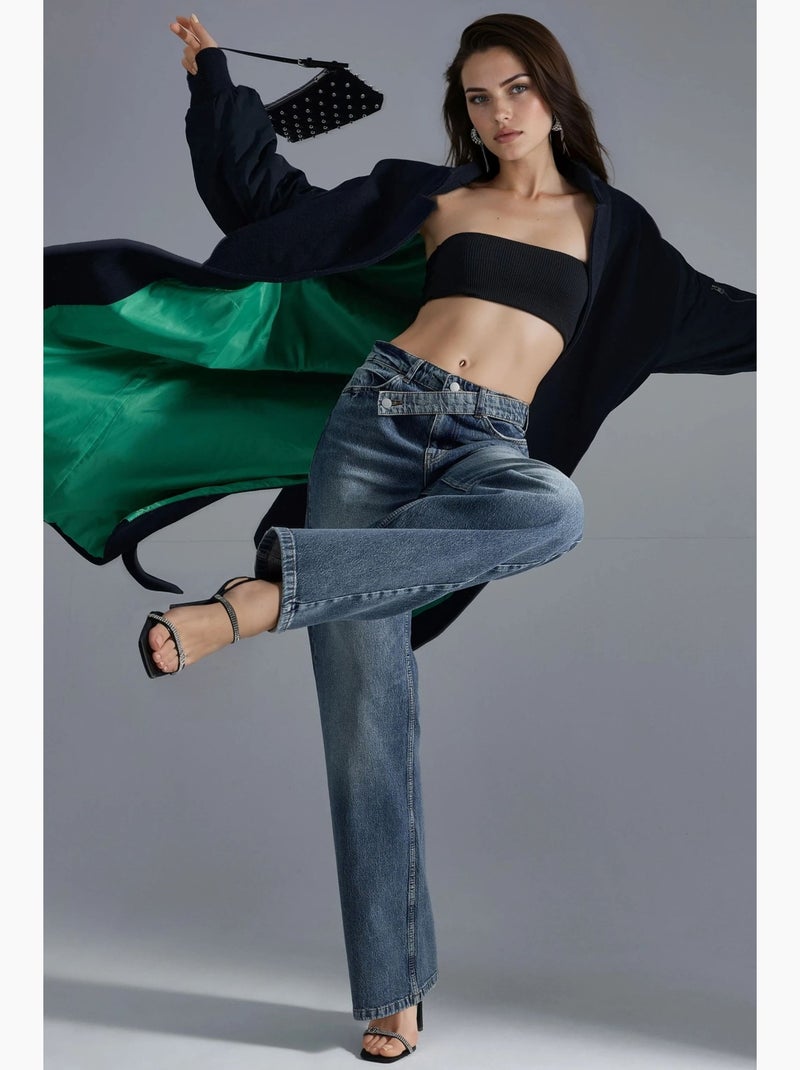 Jean en denim taille haute à jambes larges hiccup Bleu saphir - Kiabi