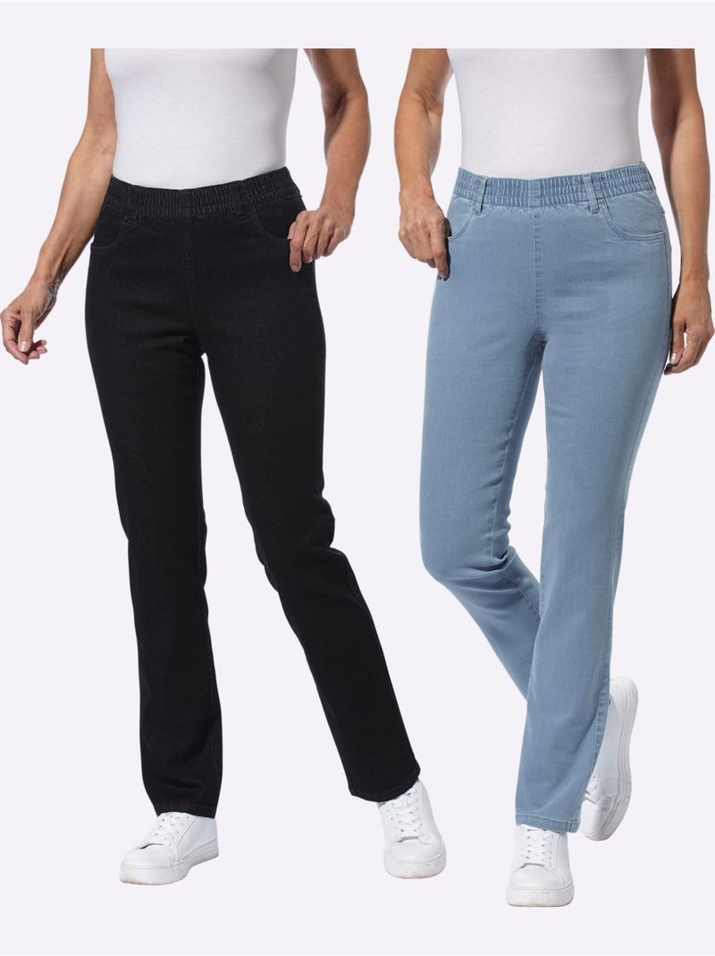Jean extensible avec ceinture élastique et 2 poches devant - Taille courte - Moda Vilona Bleu Blanc Noir - Kiabi