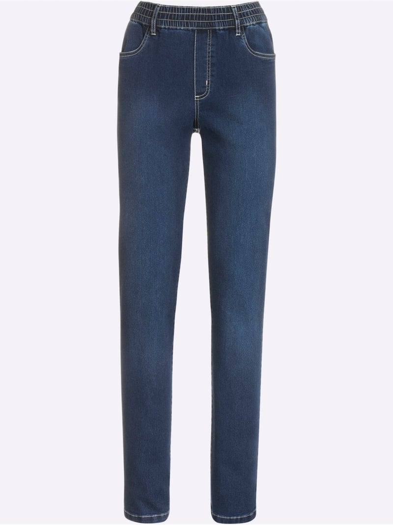 Jean féminin avec ceinture élastique et effet ventre plat - Taille courte - Moda Vilona Bleu jean - Kiabi