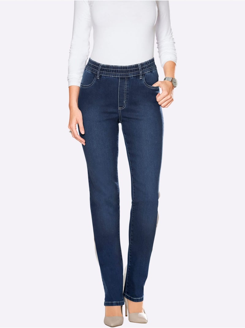Jean féminin avec ceinture élastique et effet ventre plat - Taille courte - Moda Vilona Bleu jean - Kiabi