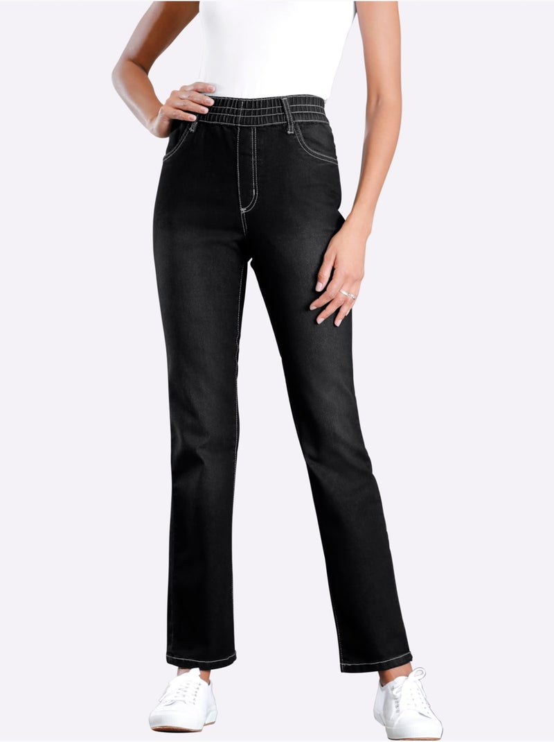 Jean féminin avec ceinture élastique et poches avant et arrière - Taille courte - Moda Vilona Noir - Kiabi