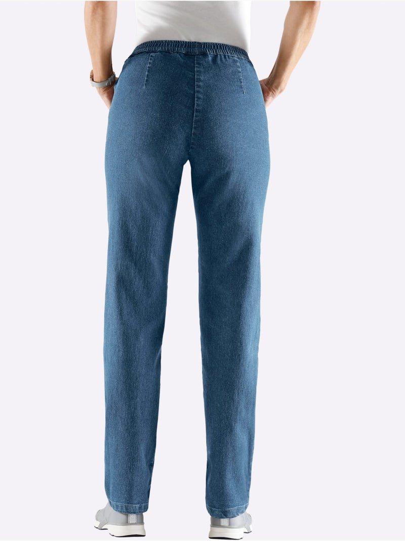 Jean femme à taille élastique avec poches et boutons argentés - taille standard - Moda Vilona Bleu Blanc - Kiabi
