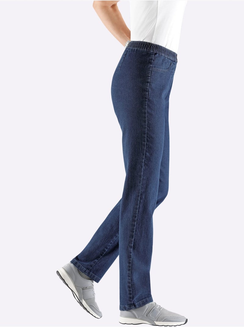 Jean femme à taille élastique avec poches et boutons argentés - taille standard - Moda Vilona Bleu jean - Kiabi