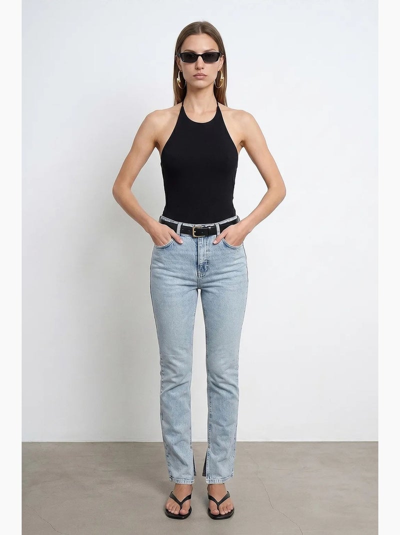 Jean femme taille haute à jambe droite dilvin Bleu clair - Kiabi