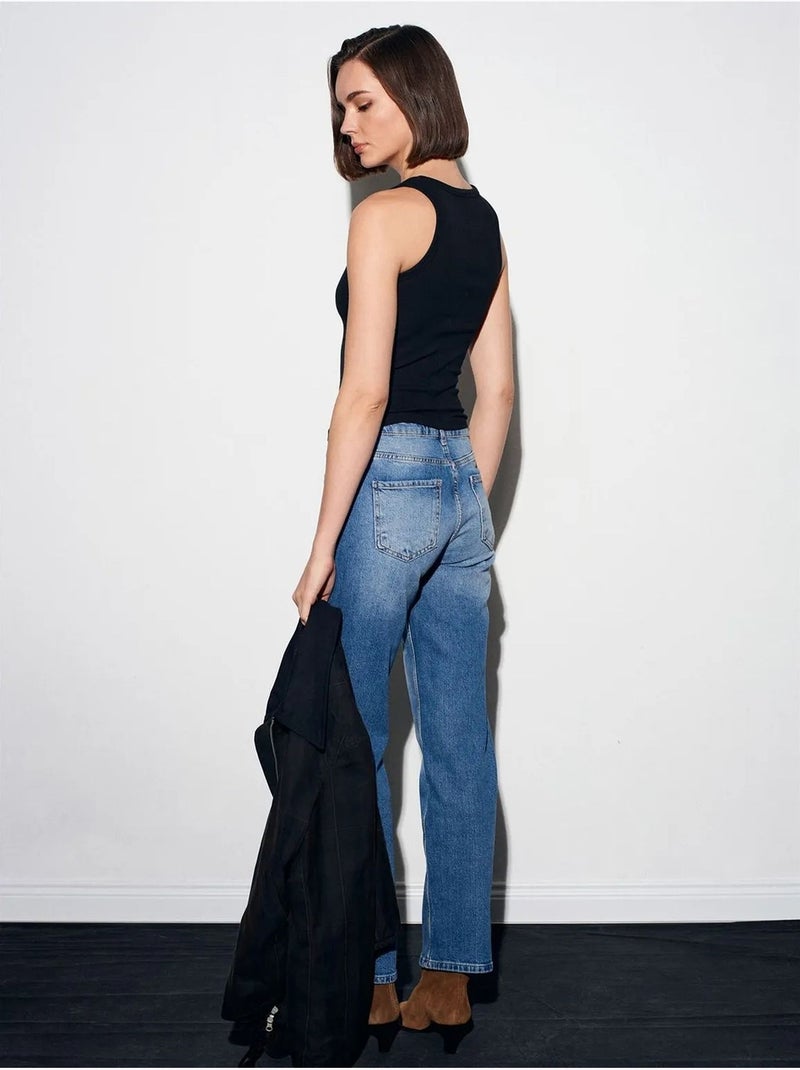 Jean femme taille haute à jambe large dilvin Bleu saphir - Kiabi