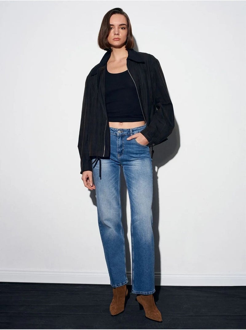 Jean femme taille haute à jambe large dilvin Bleu saphir - Kiabi