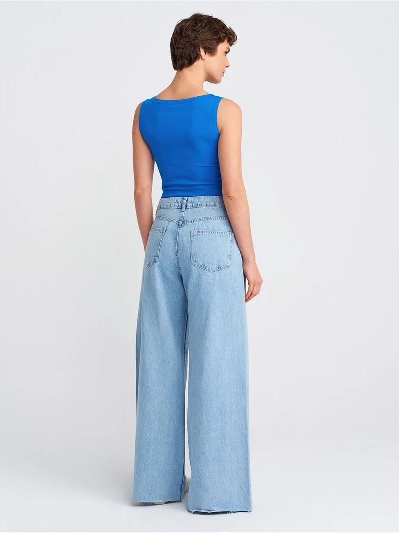 Jean femme taille haute à jambe large dilvin Bleu saphir - Kiabi