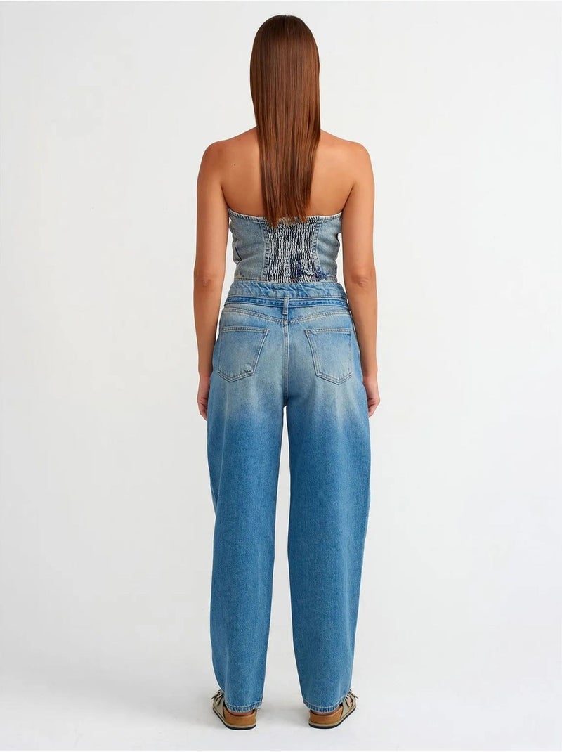 Jean Femme Taille Haute Coupe Ballon Jambe Large Bleu roi - Kiabi